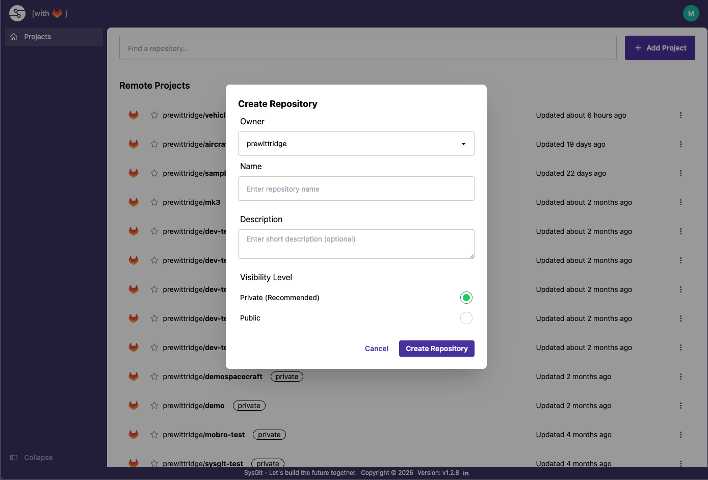 Creating a new local project from Sysgit