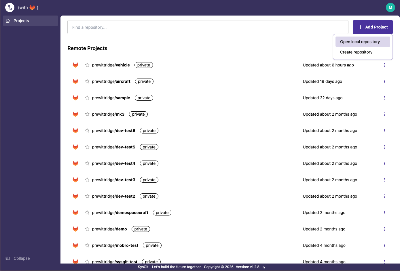 Creating a new project in Sysgit