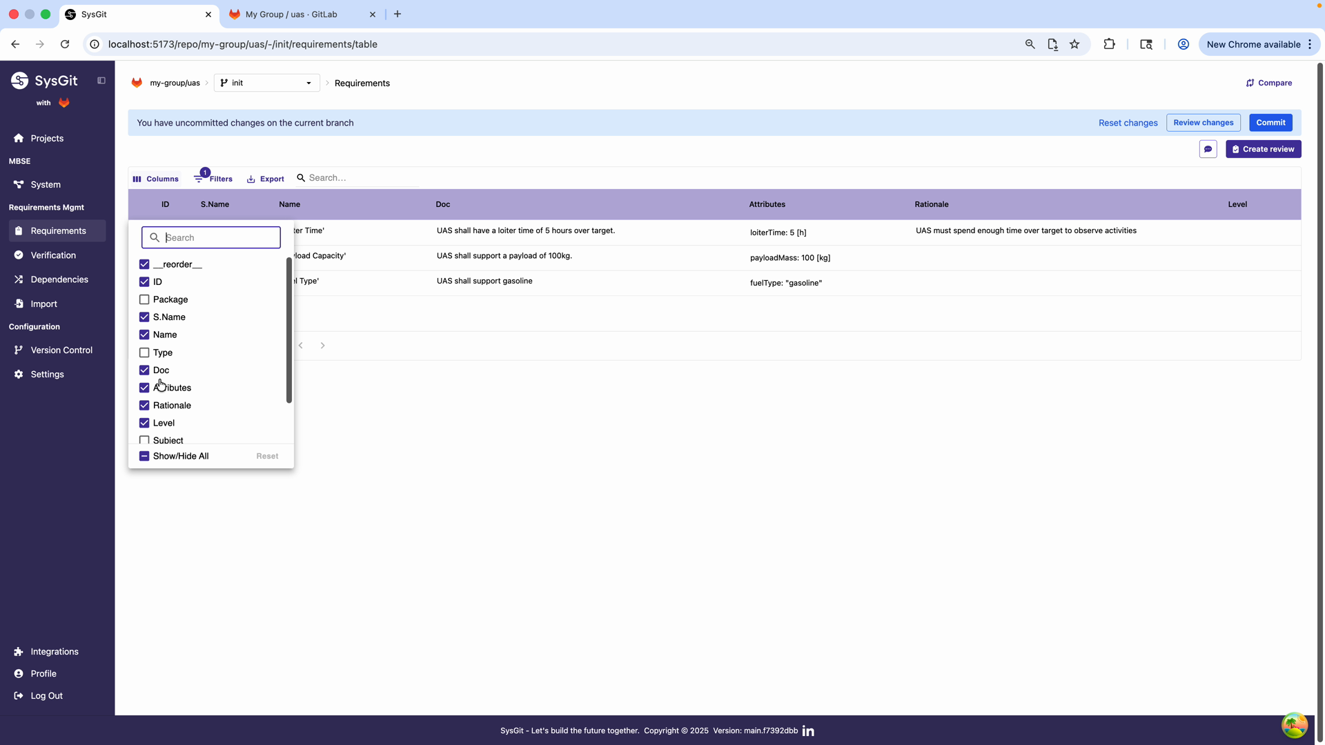 Requirements table with Related column