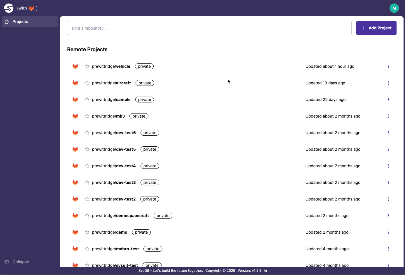 SysGit Projects dashboard showing Remote Projects