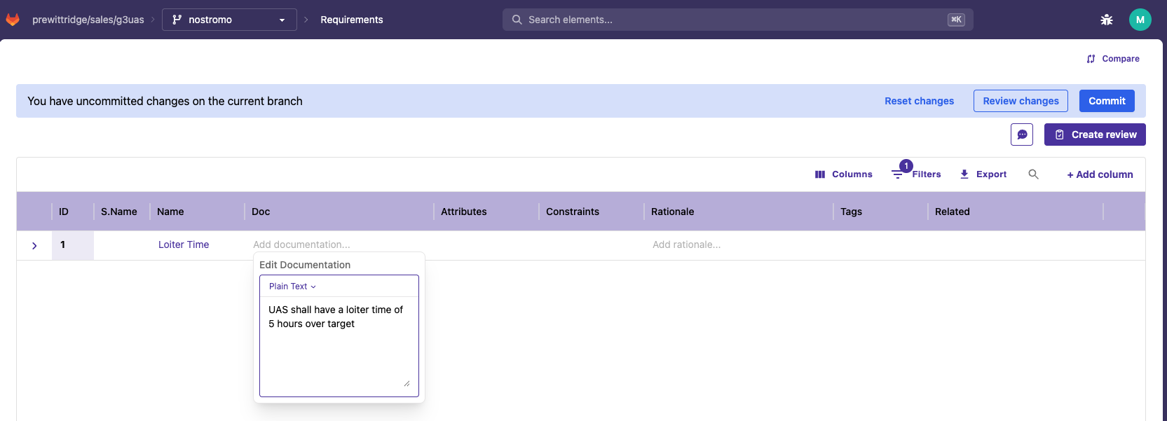 Adding requirement documentation text